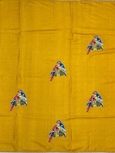 Mustard Yellow Tussore Silk Saree with Embroidered Parrot Bootis & Linear Stitched Blouse