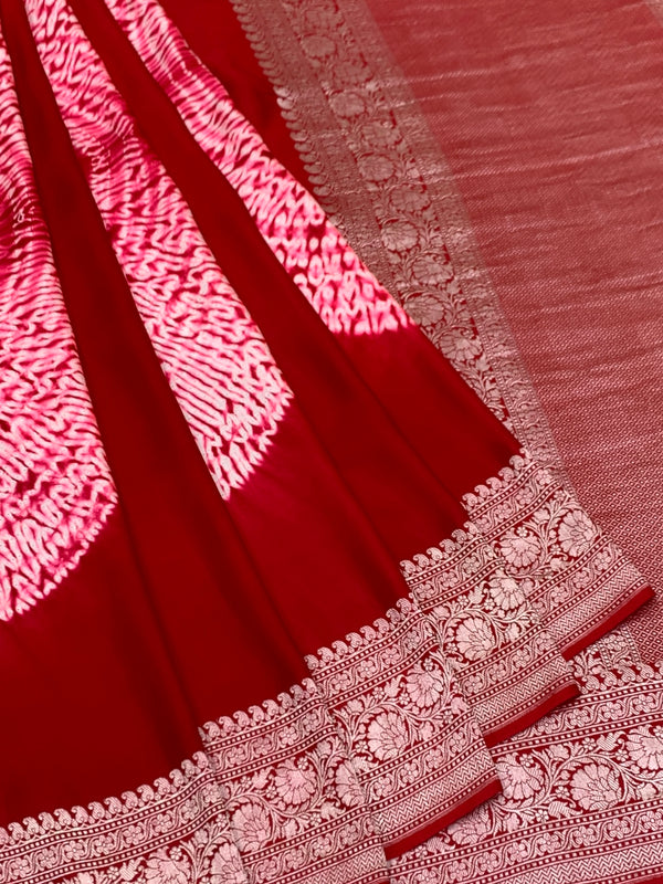 Radiant Crimson Red Mashru Silk Saree with Shibori Work & Bandhani Blouse