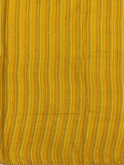 Mustard Yellow Tussore Silk Saree with Embroidered Parrot Bootis & Linear Stitched Blouse