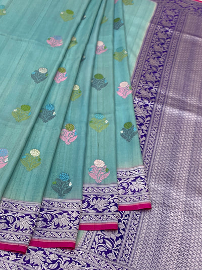 Exquisite Aqua Blue Tussore Georgette Saree