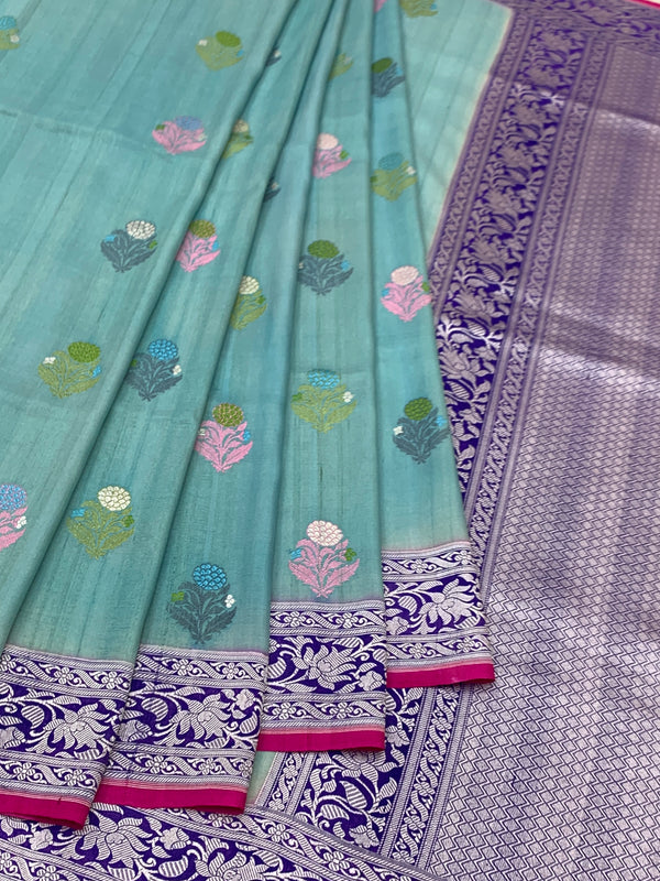 Exquisite Aqua Blue Tussore Georgette Saree