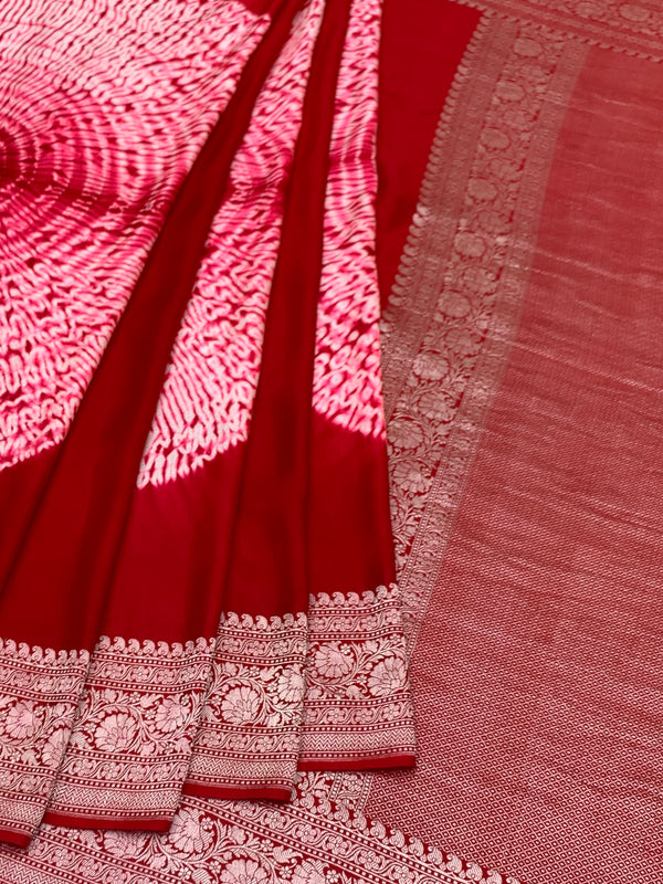 Radiant Crimson Red Mashru Silk Saree with Shibori Work & Bandhani Blouse