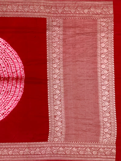 Radiant Crimson Red Mashru Silk Saree with Shibori Work & Bandhani Blouse