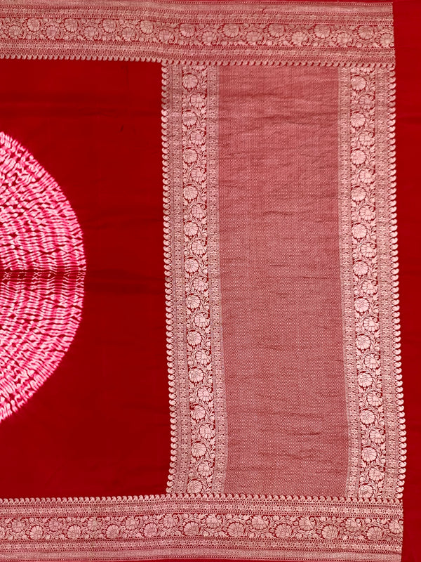 Radiant Crimson Red Mashru Silk Saree with Shibori Work & Bandhani Blouse