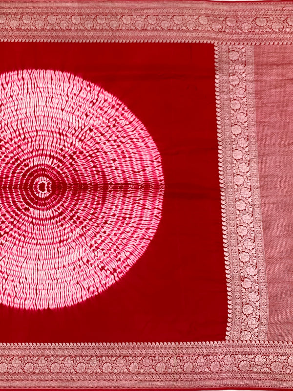 Radiant Crimson Red Mashru Silk Saree with Shibori Work & Bandhani Blouse