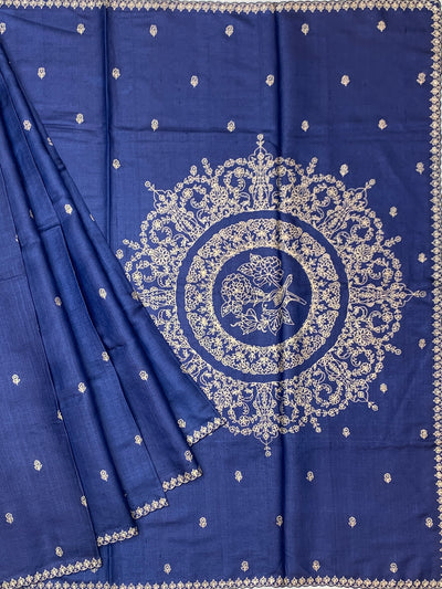 Midnight Blue Tussore Silk Saree with Embroidered Avian Medallion & Scalloped Borders