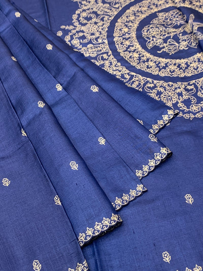 Midnight Blue Tussore Silk Saree with Embroidered Avian Medallion & Scalloped Borders