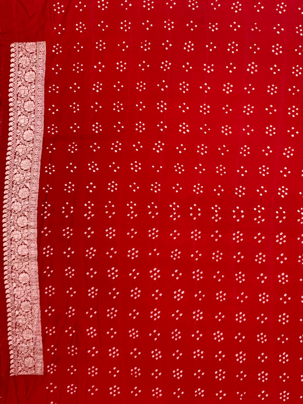 Radiant Crimson Red Mashru Silk Saree with Shibori Work & Bandhani Blouse