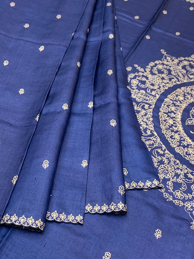 Midnight Blue Tussore Silk Saree with Embroidered Avian Medallion & Scalloped Borders