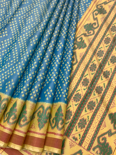 Sky Blue & Mustard Yellow Rajkot Patola Silk Saree