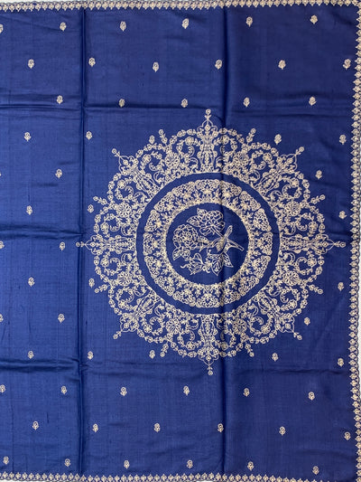Midnight Blue Tussore Silk Saree with Embroidered Avian Medallion & Scalloped Borders