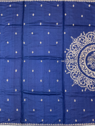 Midnight Blue Tussore Silk Saree with Embroidered Avian Medallion & Scalloped Borders
