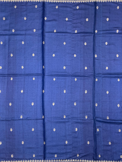 Midnight Blue Tussore Silk Saree with Embroidered Avian Medallion & Scalloped Borders