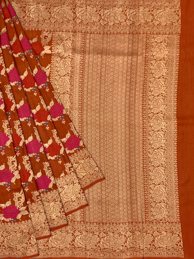 Rust Terracotta Tussore Georgette Banarasi Saree with Magenta Floral Weave