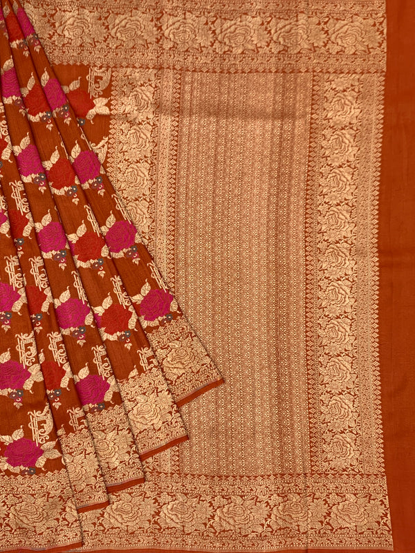 Rust Terracotta Tussore Georgette Banarasi Saree with Magenta Floral Weave