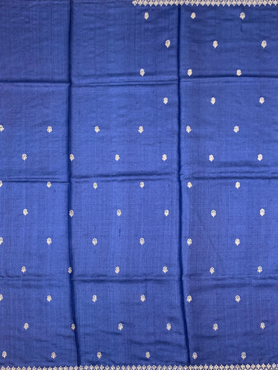 Midnight Blue Tussore Silk Saree with Embroidered Avian Medallion & Scalloped Borders