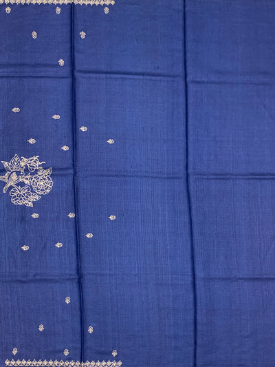 Midnight Blue Tussore Silk Saree with Embroidered Avian Medallion & Scalloped Borders