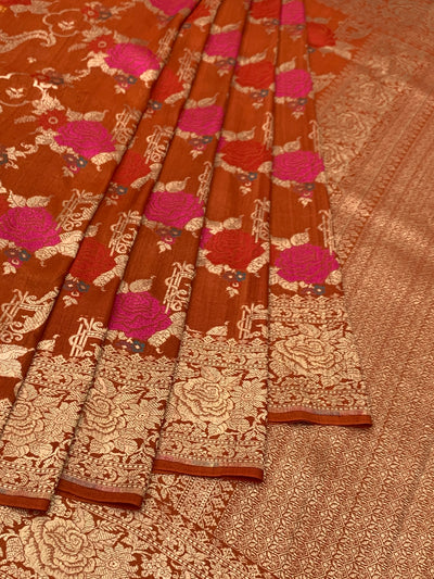 Rust Terracotta Tussore Georgette Banarasi Saree with Magenta Floral Weave