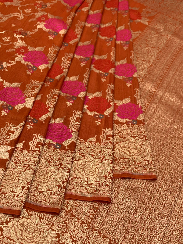 Rust Terracotta Tussore Georgette Banarasi Saree with Magenta Floral Weave