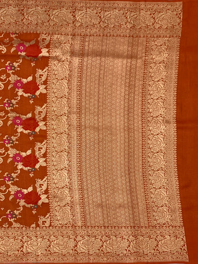 Rust Terracotta Tussore Georgette Banarasi Saree with Magenta Floral Weave