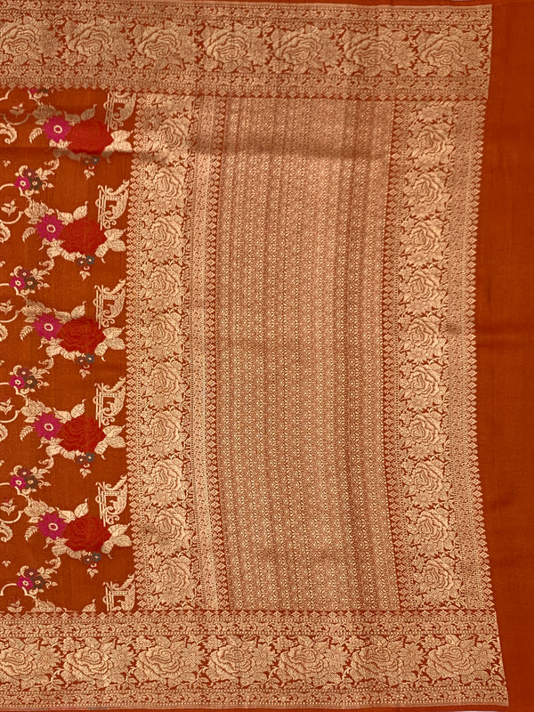 Rust Terracotta Tussore Georgette Banarasi Saree with Magenta Floral Weave