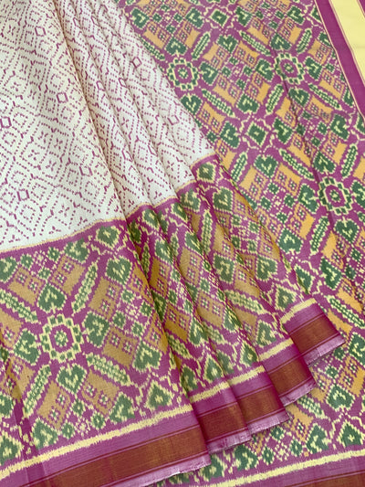 Ivory Cream & Magenta Rajkot Patola Silk Saree