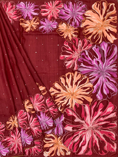 Brick Red Tussore Silk Saree with Kalamkari Peacock Mandala & Mirror Embroidery
