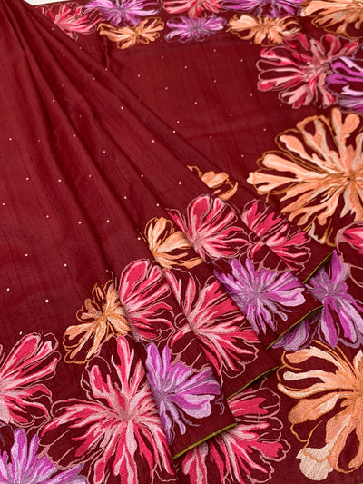 Brick Red Tussore Silk Saree with Kalamkari Peacock Mandala & Mirror Embroidery