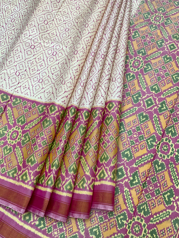 Ivory Cream & Magenta Rajkot Patola Silk Saree