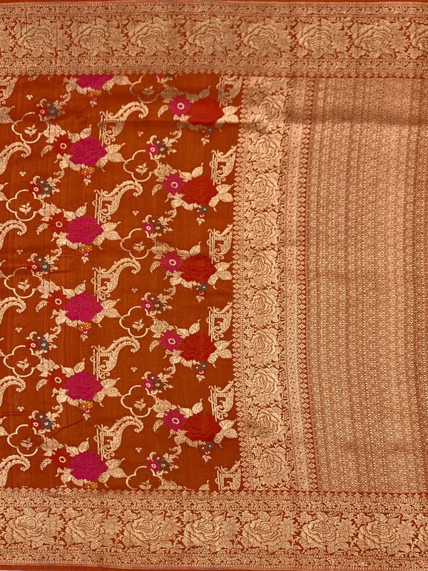 Rust Terracotta Tussore Georgette Banarasi Saree with Magenta Floral Weave