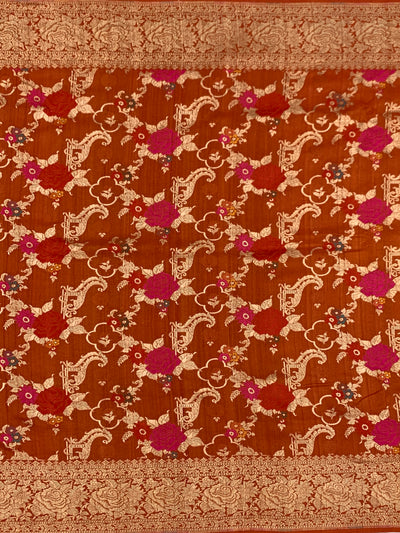 Rust Terracotta Tussore Georgette Banarasi Saree with Magenta Floral Weave