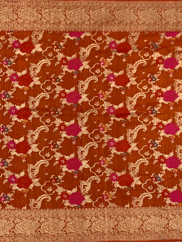 Rust Terracotta Tussore Georgette Banarasi Saree with Magenta Floral Weave
