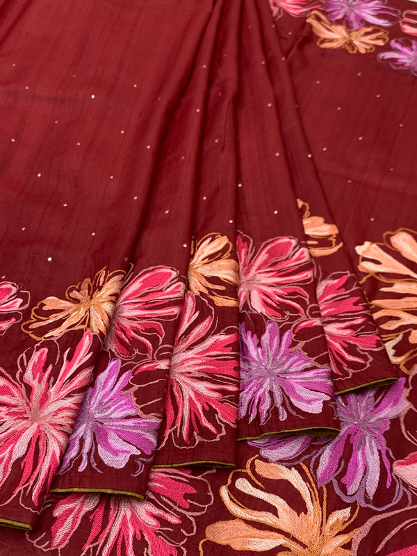 Brick Red Tussore Silk Saree with Kalamkari Peacock Mandala & Mirror Embroidery