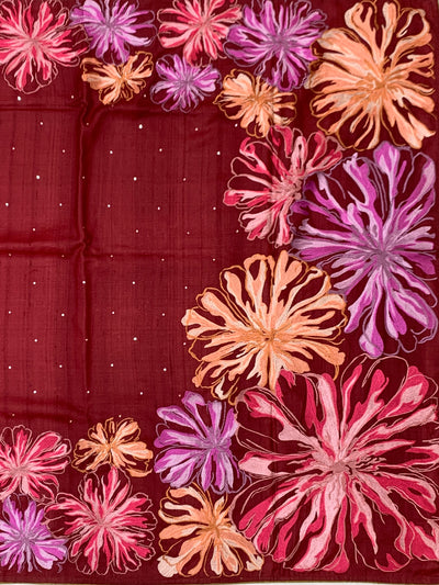 Brick Red Tussore Silk Saree with Kalamkari Peacock Mandala & Mirror Embroidery