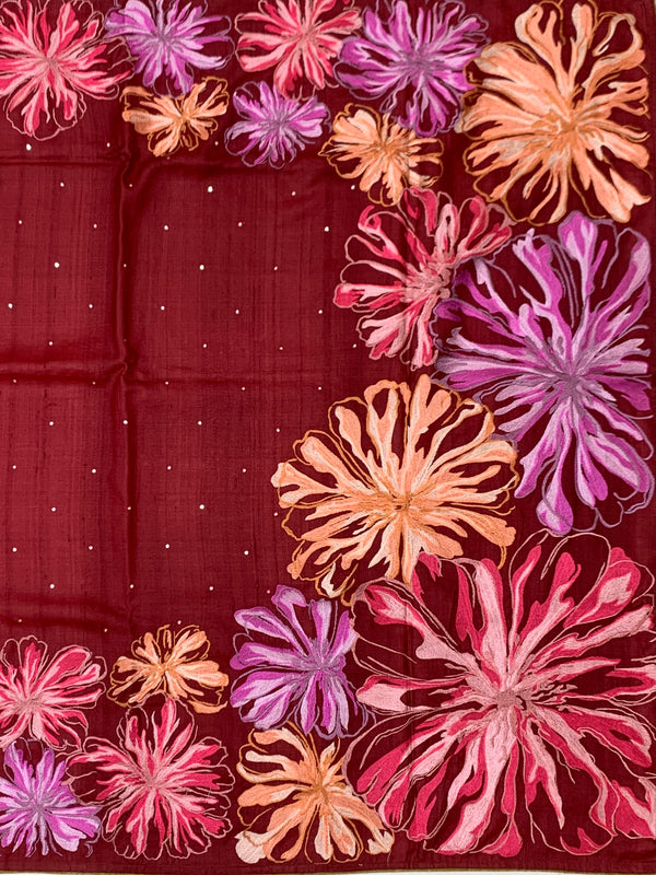Brick Red Tussore Silk Saree with Kalamkari Peacock Mandala & Mirror Embroidery