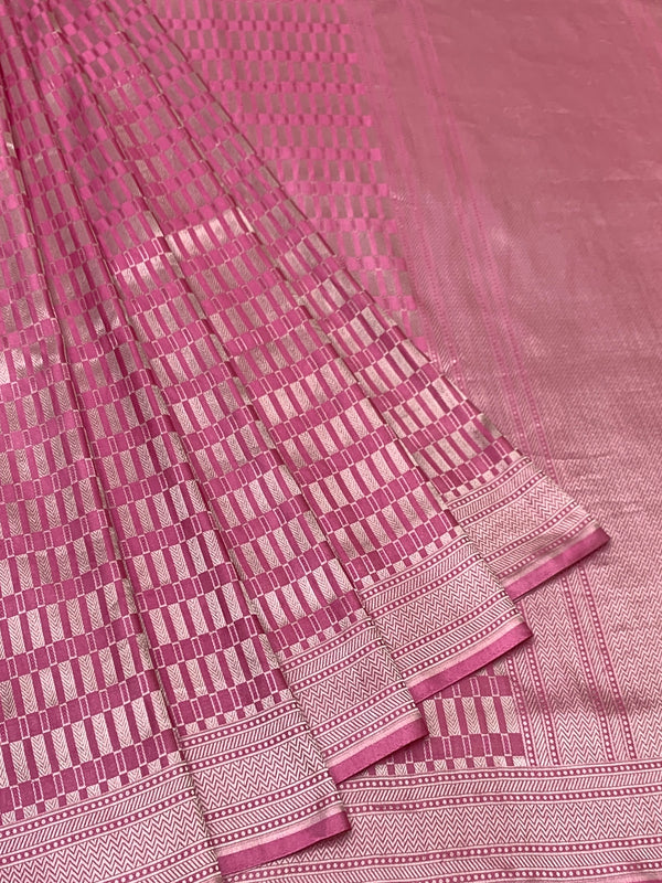 Contemporary Rose Pink Mashru Silk Saree with Geometric Zari Weave