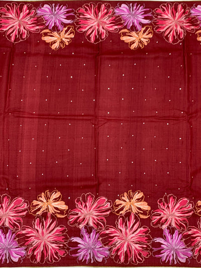 Brick Red Tussore Silk Saree with Kalamkari Peacock Mandala & Mirror Embroidery