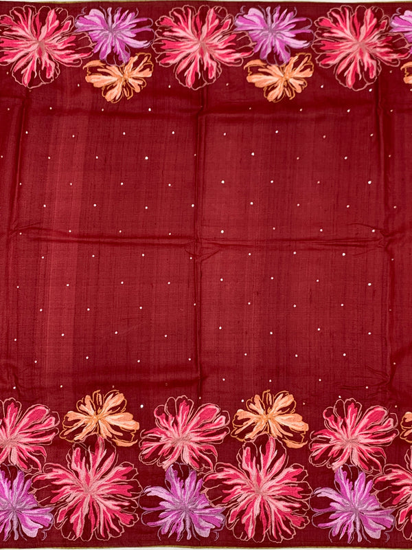 Brick Red Tussore Silk Saree with Kalamkari Peacock Mandala & Mirror Embroidery
