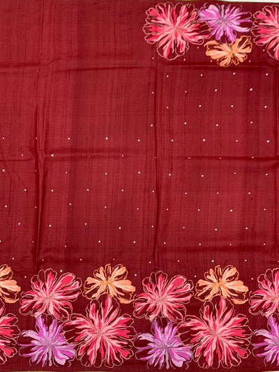 Brick Red Tussore Silk Saree with Kalamkari Peacock Mandala & Mirror Embroidery