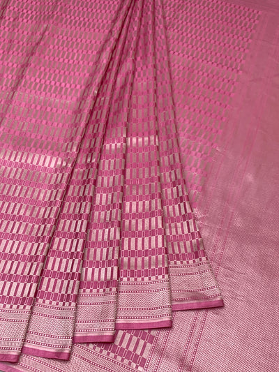 Contemporary Rose Pink Mashru Silk Saree with Geometric Zari Weave