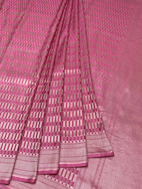 Contemporary Rose Pink Mashru Silk Saree with Geometric Zari Weave