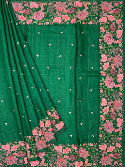 Emerald Green Tussore Silk Saree with Intricate Pink Floral Embroidery