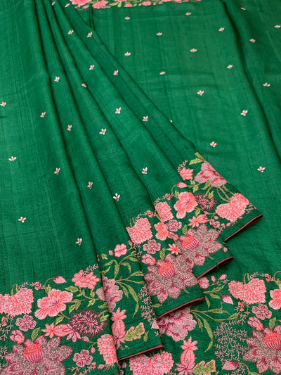 Emerald Green Tussore Silk Saree with Intricate Pink Floral Embroidery