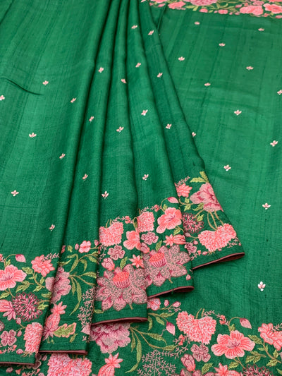Emerald Green Tussore Silk Saree with Intricate Pink Floral Embroidery