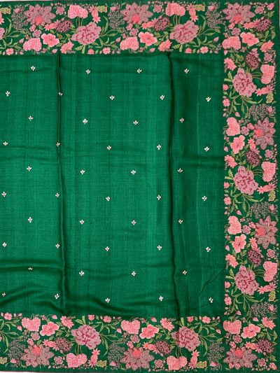 Emerald Green Tussore Silk Saree with Intricate Pink Floral Embroidery