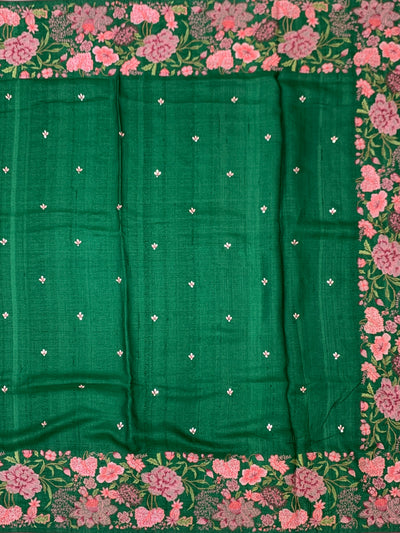Emerald Green Tussore Silk Saree with Intricate Pink Floral Embroidery