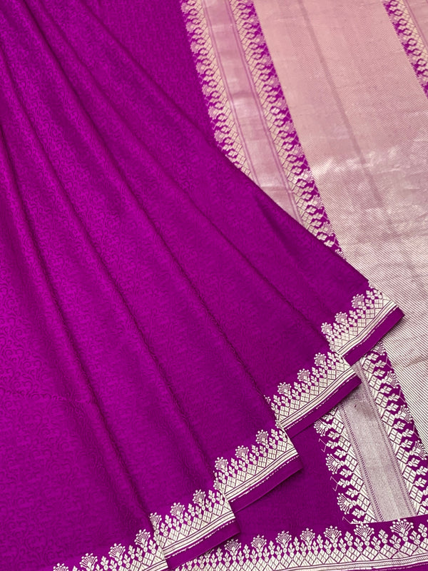 Vibrant Magenta Mashru Silk Saree with Geometric Silver Zari Pallu
