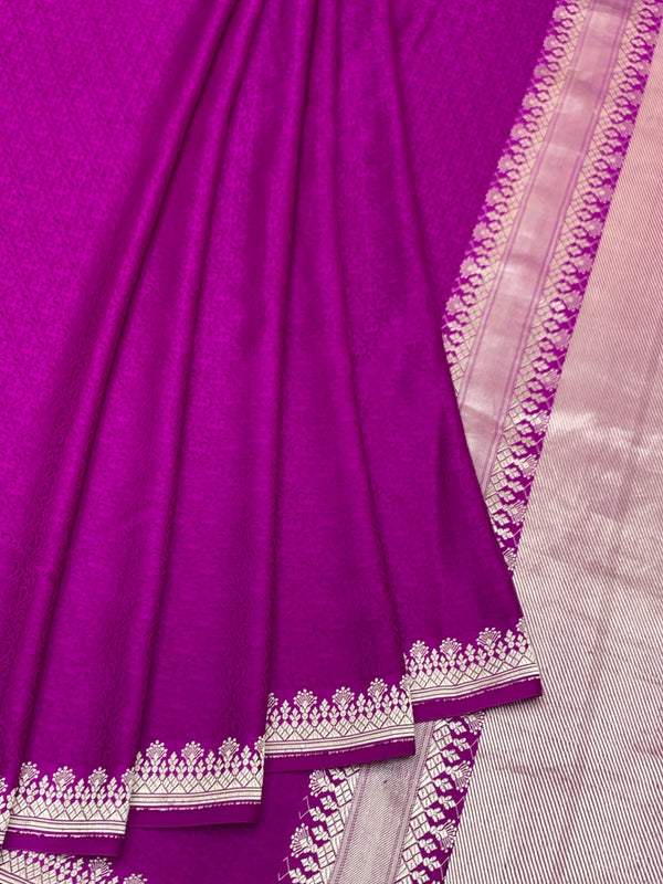 Vibrant Magenta Mashru Silk Saree with Geometric Silver Zari Pallu