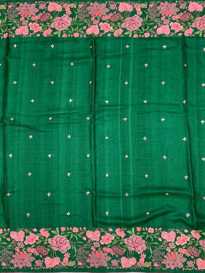 Emerald Green Tussore Silk Saree with Intricate Pink Floral Embroidery