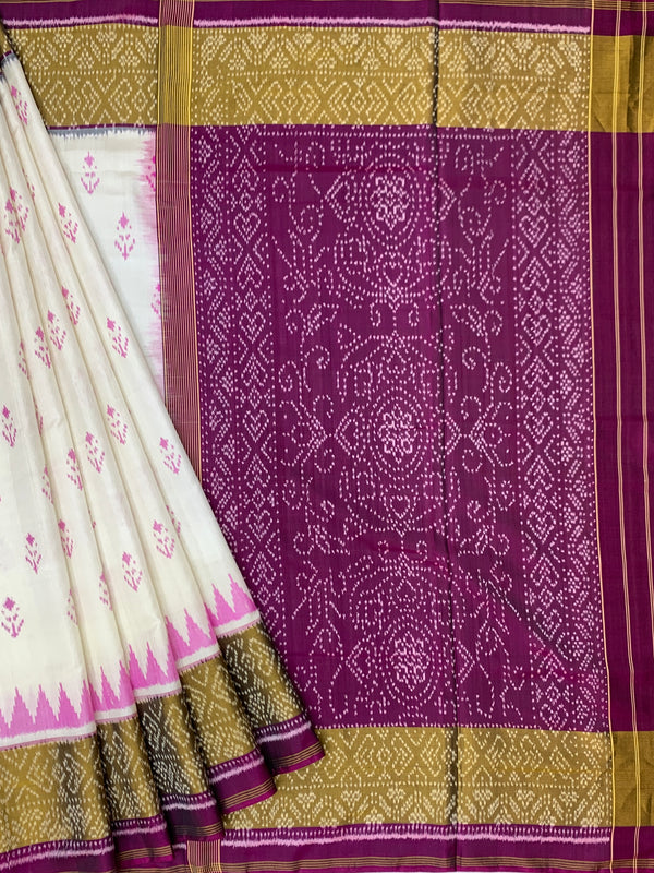 Ivory Cream & Deep Magenta Rajkot Patola Silk Saree